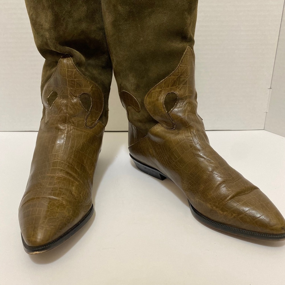 VTG 80s Bandolino Made in Italy Suede Croc Leather Westerncore Boots 9 Olive - Picture 3 of 9
